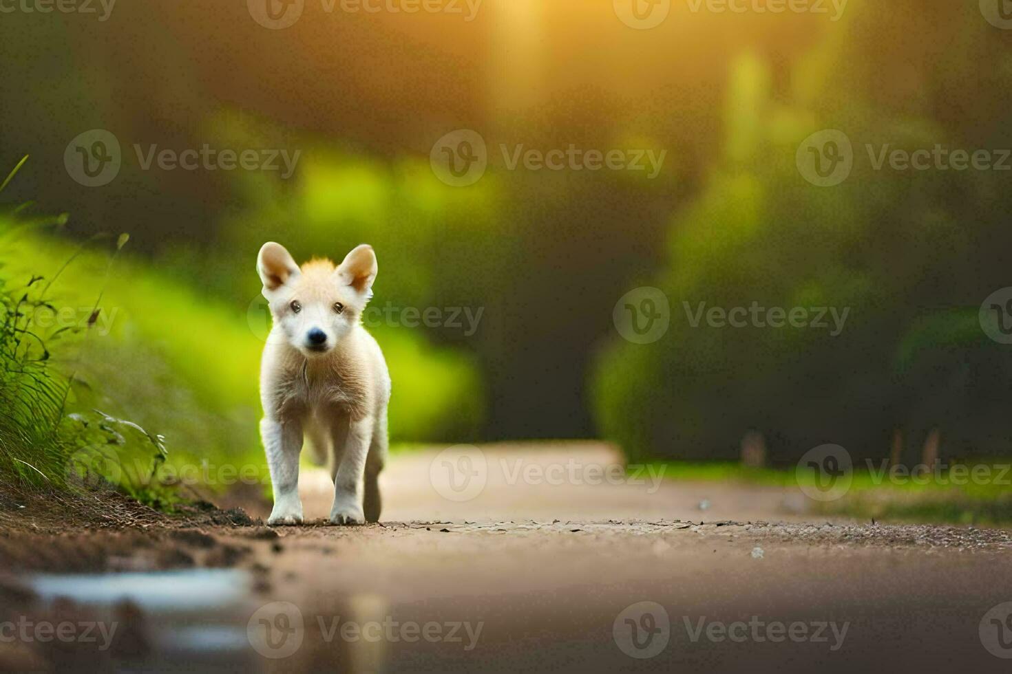 un' bianca cane a piedi su un' strada nel il mezzo di un' campo. ai-generato foto