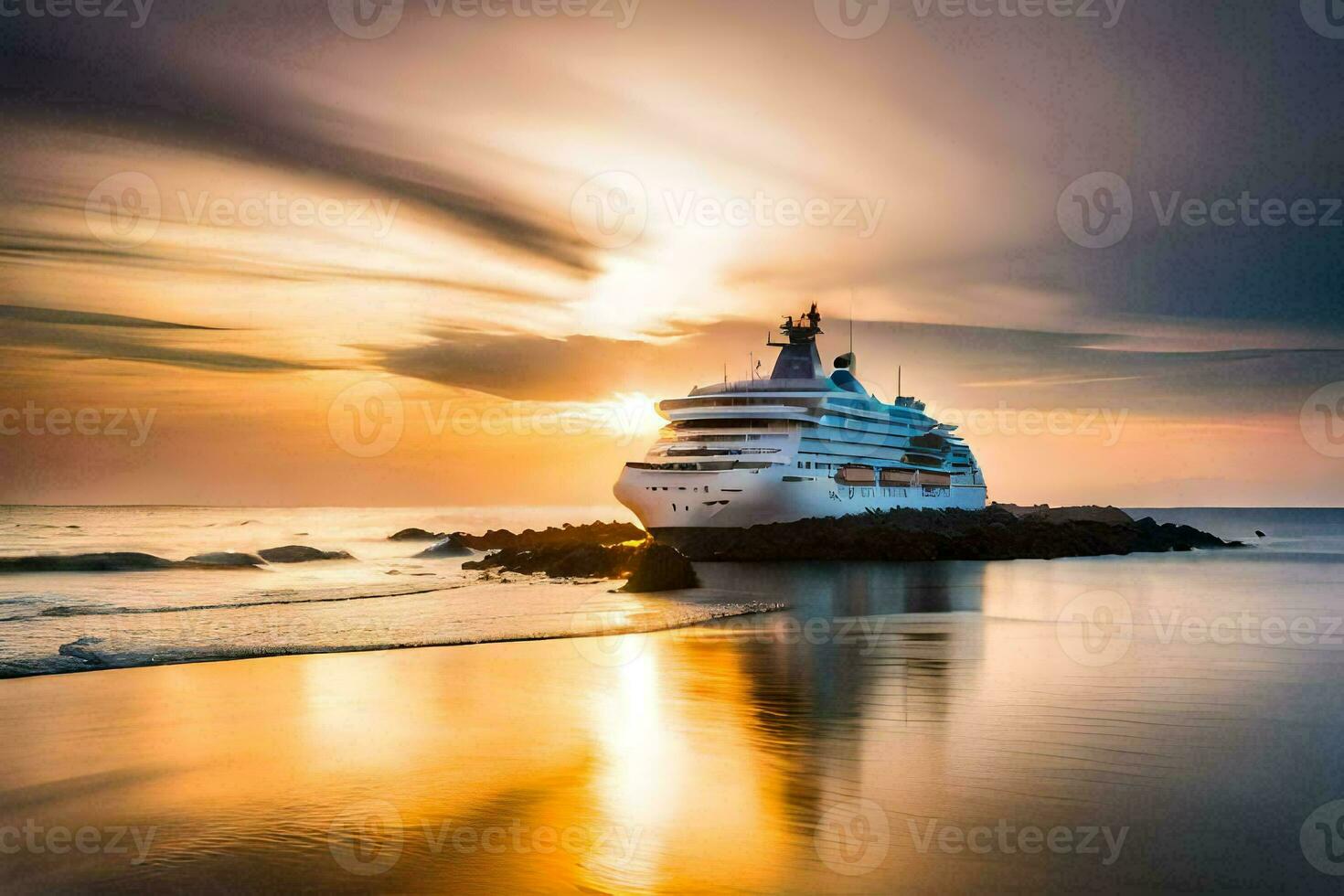 un' crociera nave su il spiaggia a tramonto. ai-generato foto