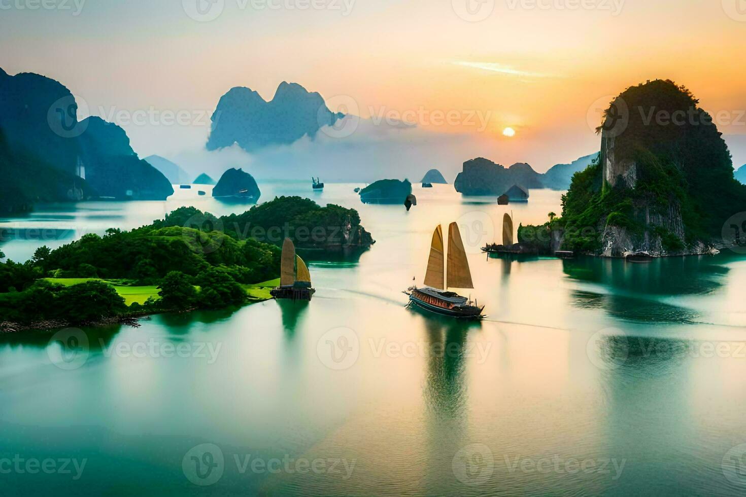Barche nel il acqua a tramonto con montagne nel il sfondo. ai-generato foto
