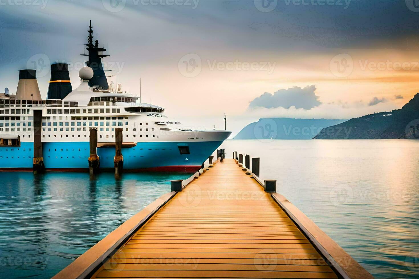 un' crociera nave attraccato a un' molo nel il oceano. ai-generato foto