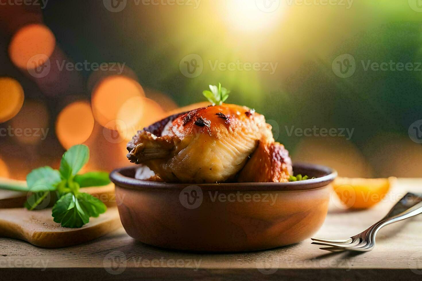 pollo nel un' ciotola con un' forchetta e coltello su un' di legno tavolo. ai-generato foto