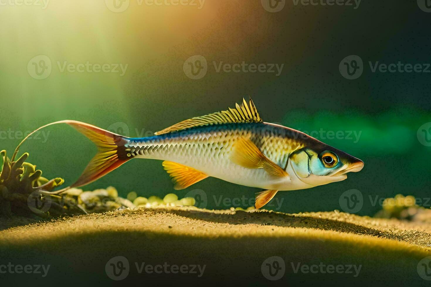 un' pesce è in piedi su il sabbia con il sole splendente. ai-generato foto