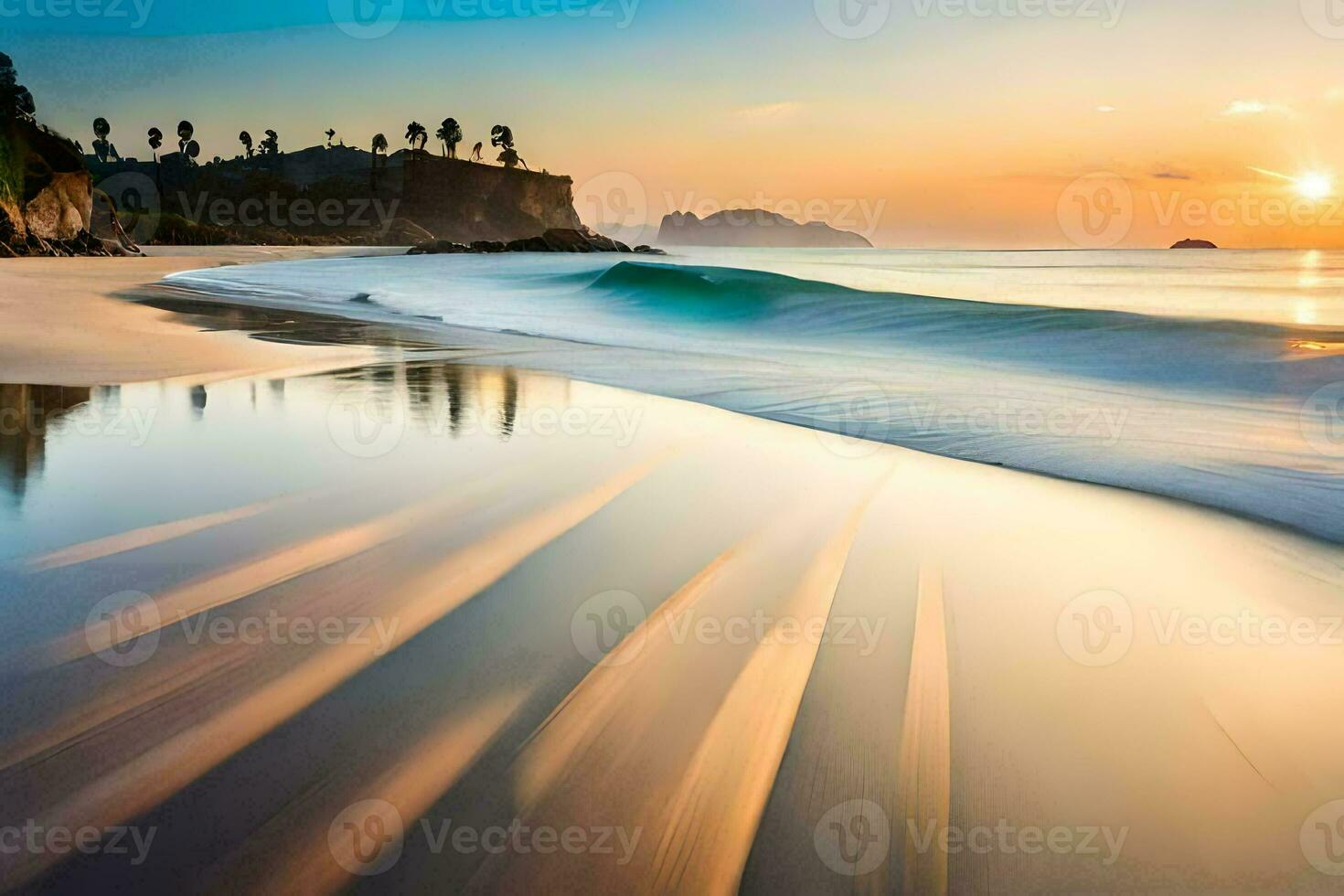 un' spiaggia con onde e un' tramonto. ai-generato foto