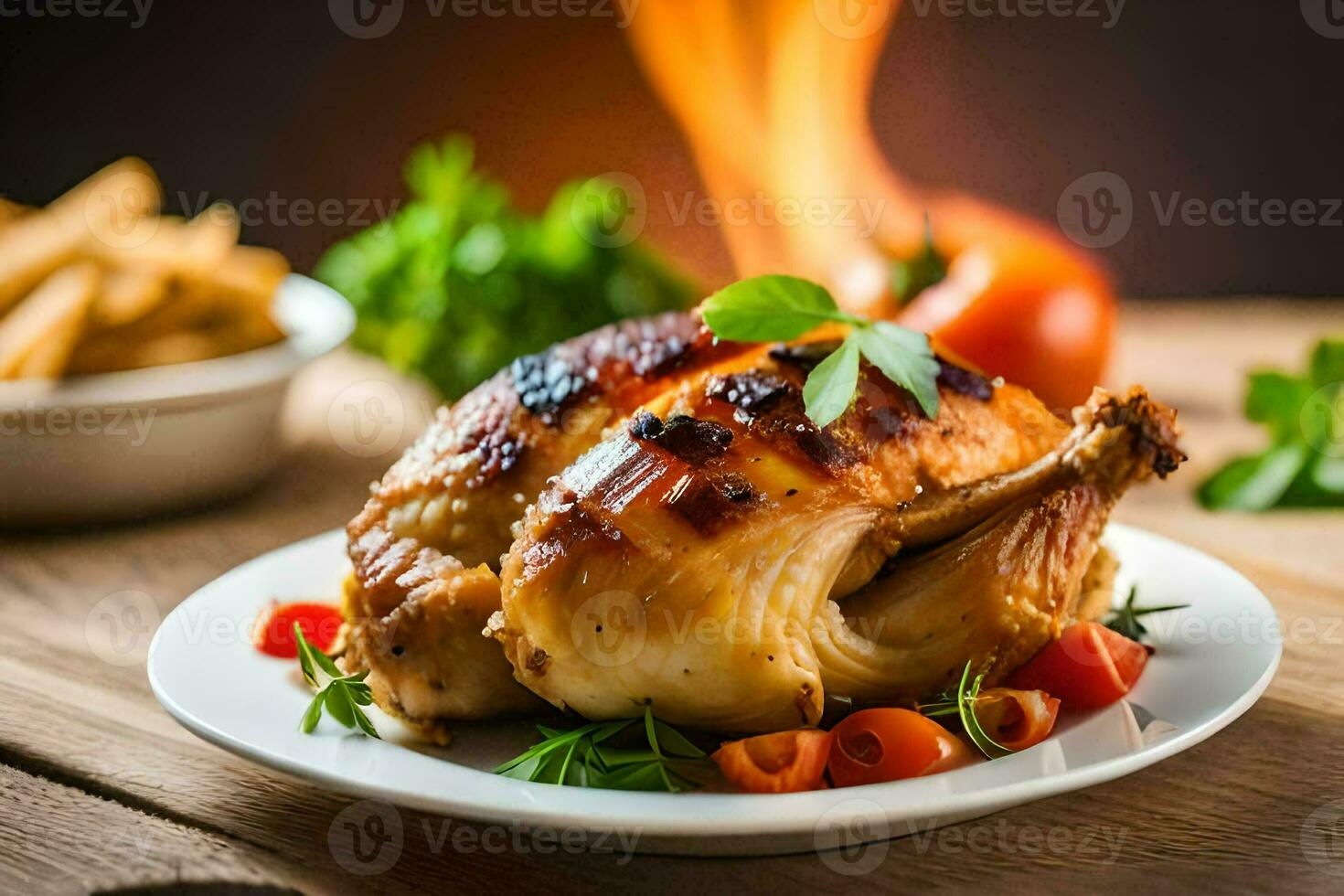 un' pollo su un' piatto con verdure e patatine fritte. ai-generato foto