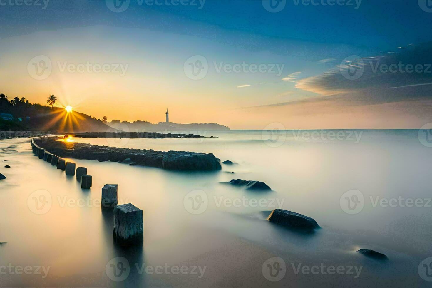 il sole sorge al di sopra di il oceano e rocce. ai-generato foto