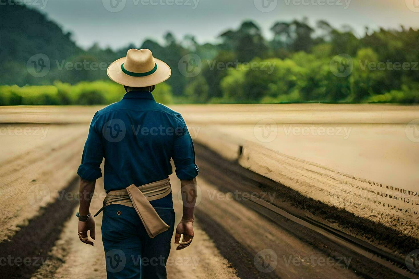 un' uomo nel un' cappello a piedi giù un' sporco strada. ai-generato foto