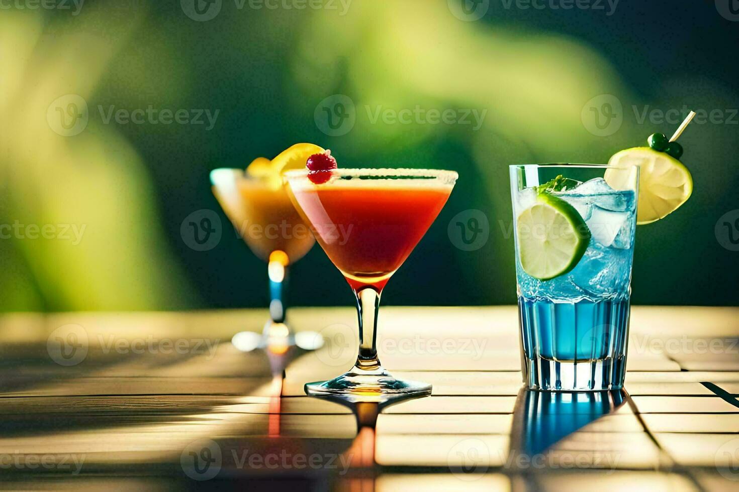 tre diverso cocktail su un' di legno tavolo. ai-generato foto
