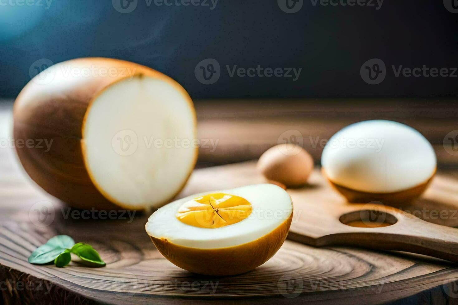 un uovo e un' metà di un uovo su un' taglio tavola. ai-generato foto