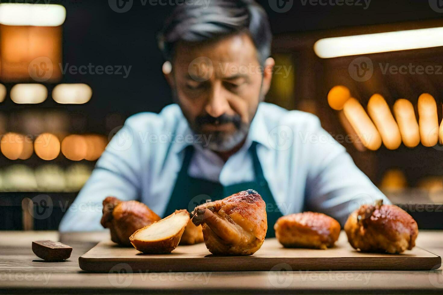 un' uomo è guardare a alcuni cibo su un' tavolo. ai-generato foto