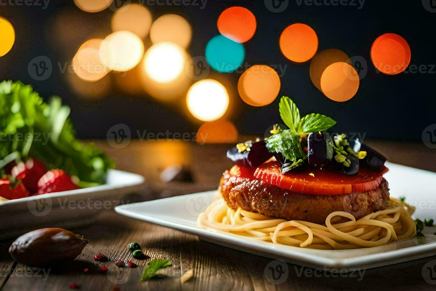 un' piatto con spaghetti e carne su esso. ai-generato foto