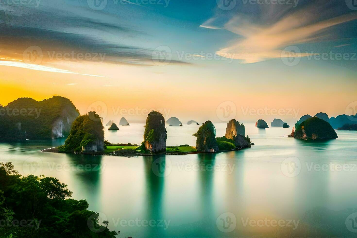 il Alba al di sopra di il mare e isole nel Vietnam. ai-generato foto