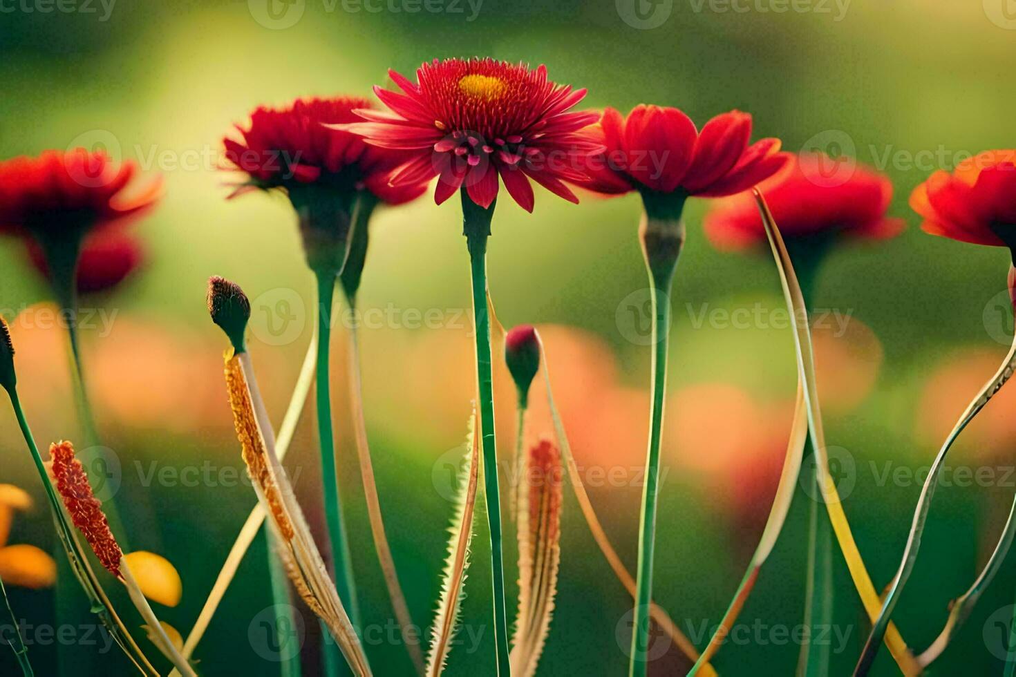 rosso fiori nel un' campo con verde erba. ai-generato foto