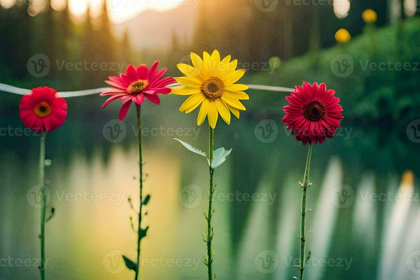 quattro colorato fiori siamo in piedi nel davanti di un' lago. ai-generato foto