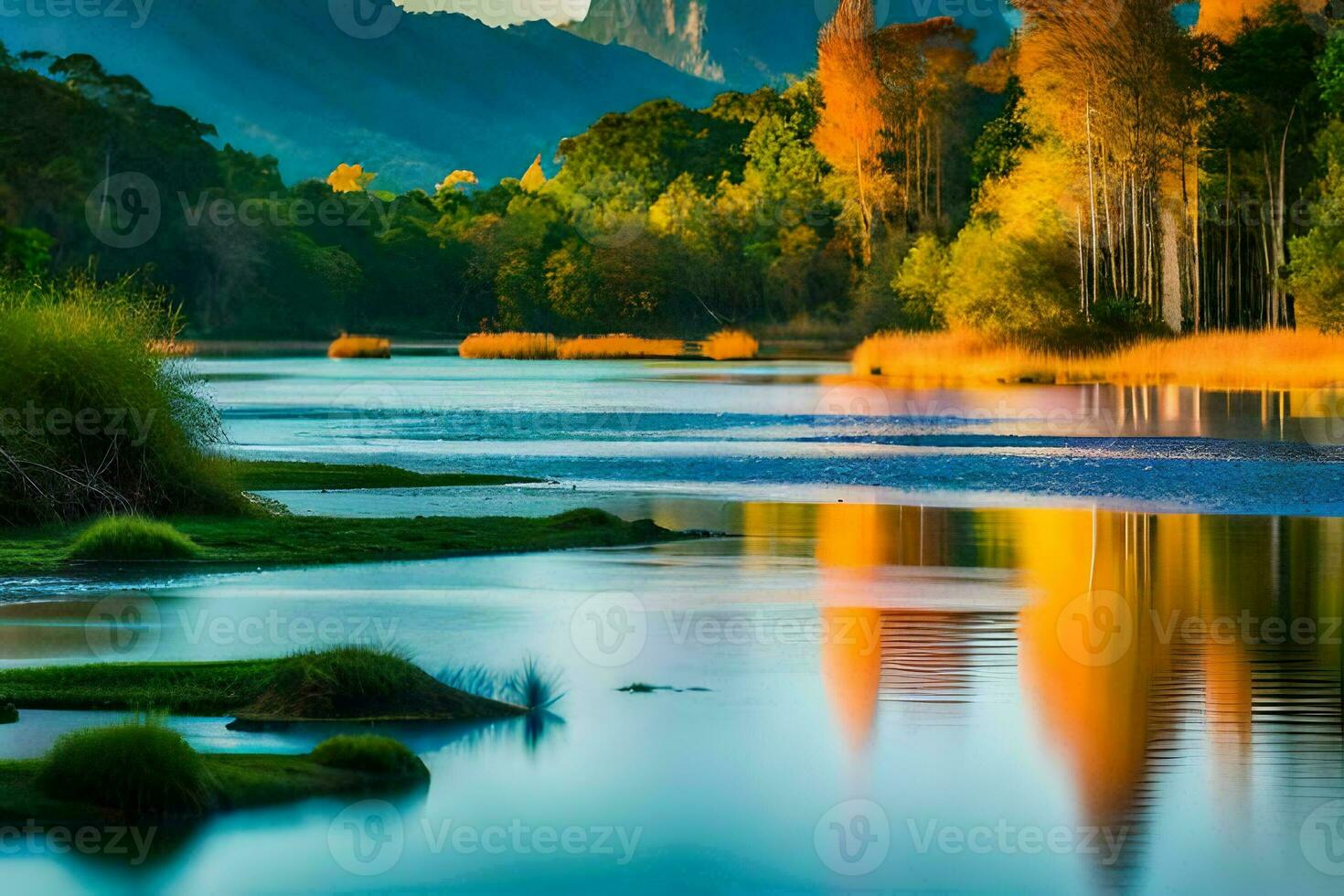 un' fiume con alberi e montagne nel il sfondo. ai-generato foto