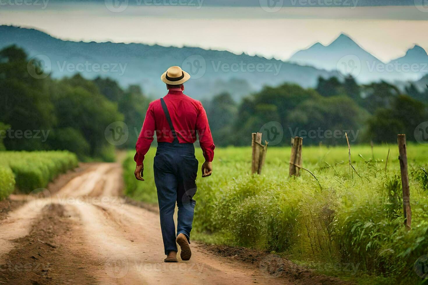 un' uomo nel un' rosso camicia e cappello a piedi giù un' sporco strada. ai-generato foto