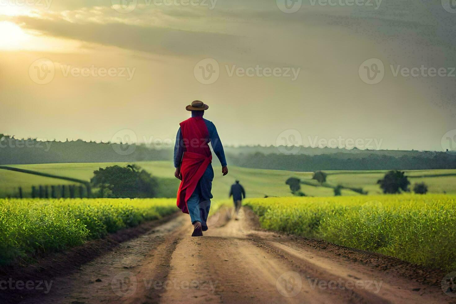 un' uomo nel un' rosso mantello passeggiate giù un' sporco strada. ai-generato foto