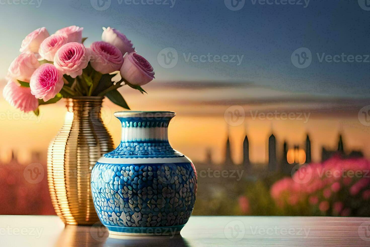 Due vasi con rosa Rose su un' tavolo con un' città nel il sfondo. ai-generato foto