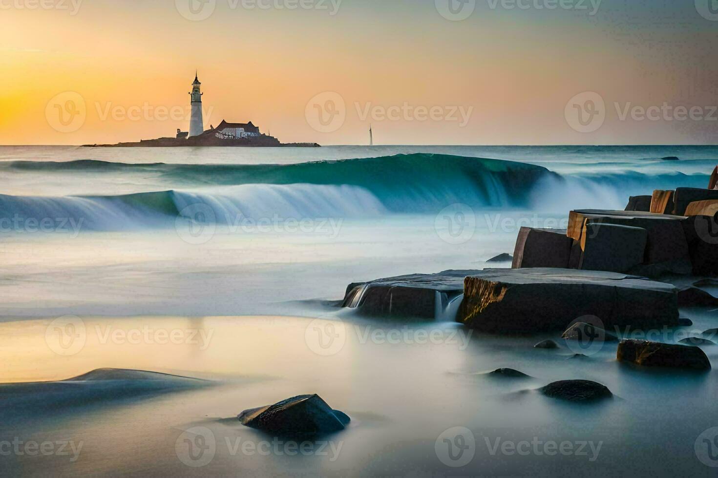 un' faro è visto nel il distanza a tramonto. ai-generato foto