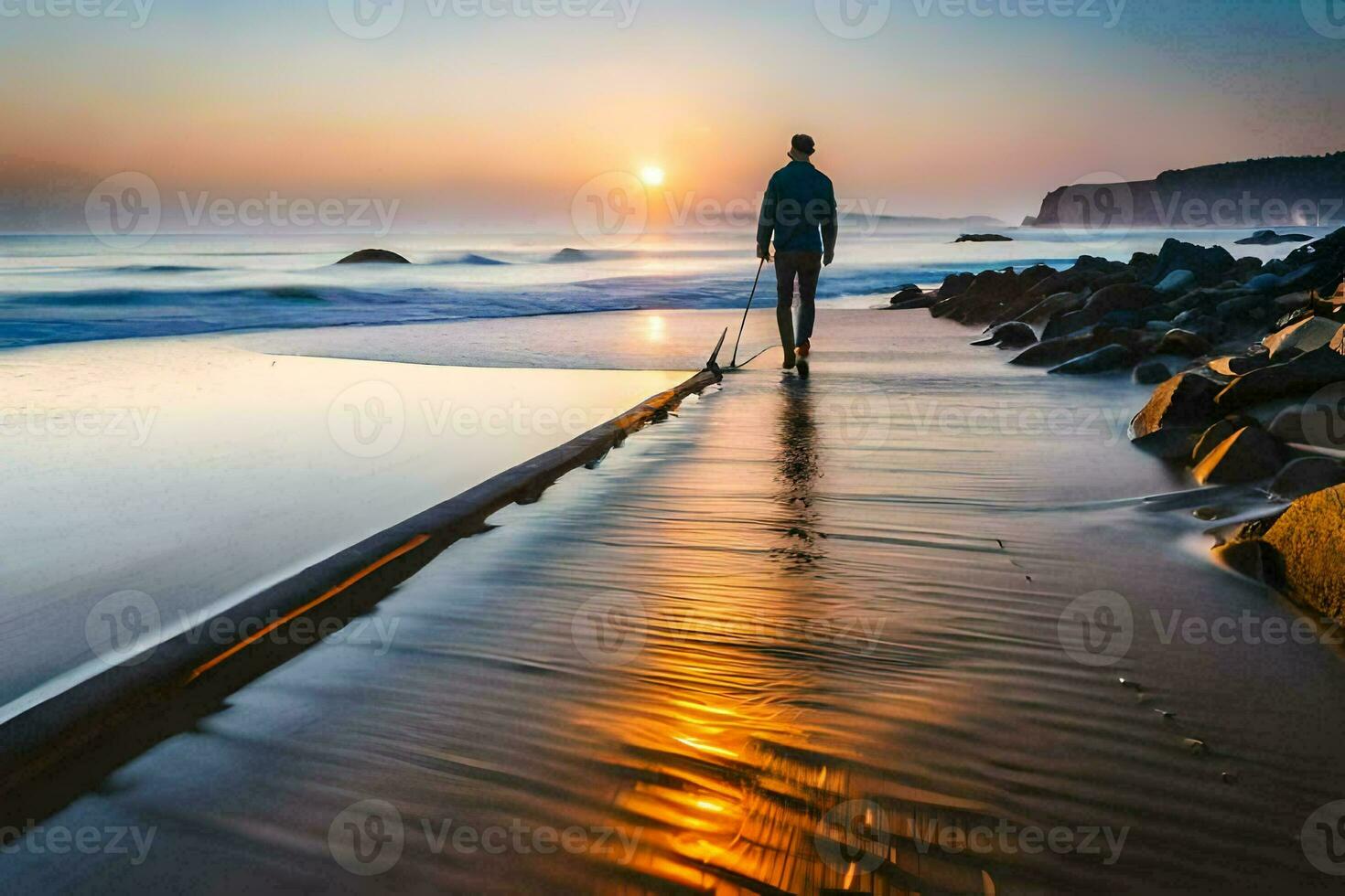 un' uomo a piedi lungo il spiaggia a tramonto. ai-generato foto