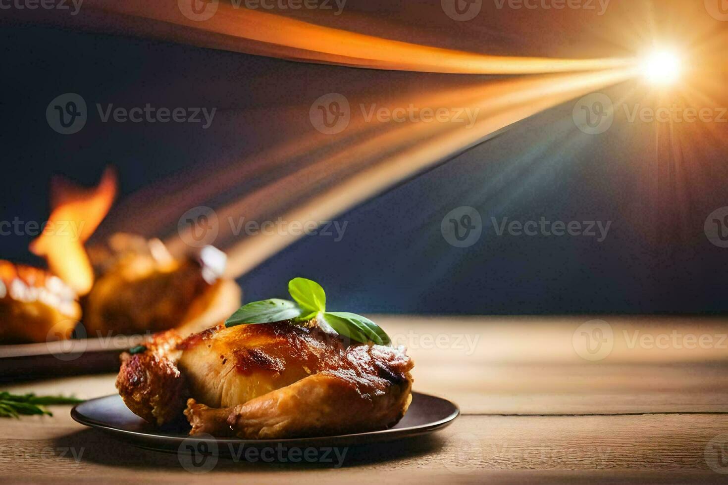 pollo su un' piatto con un' fuoco nel il sfondo. ai-generato foto