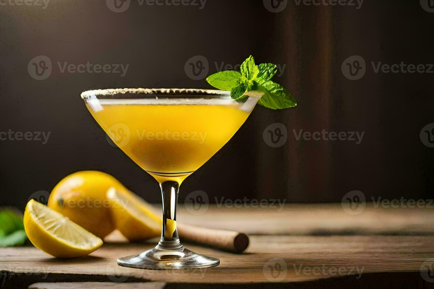 un' cocktail con Limone e menta su un' di legno tavolo. ai-generato foto