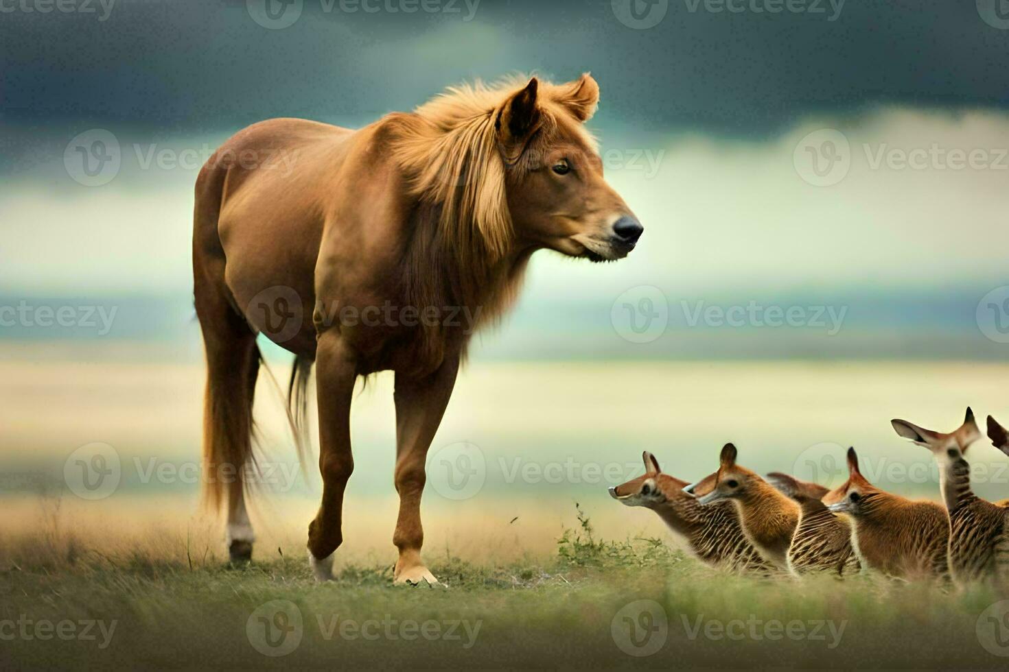 un' cavallo e alcuni piccolo animali nel un' campo. ai-generato foto