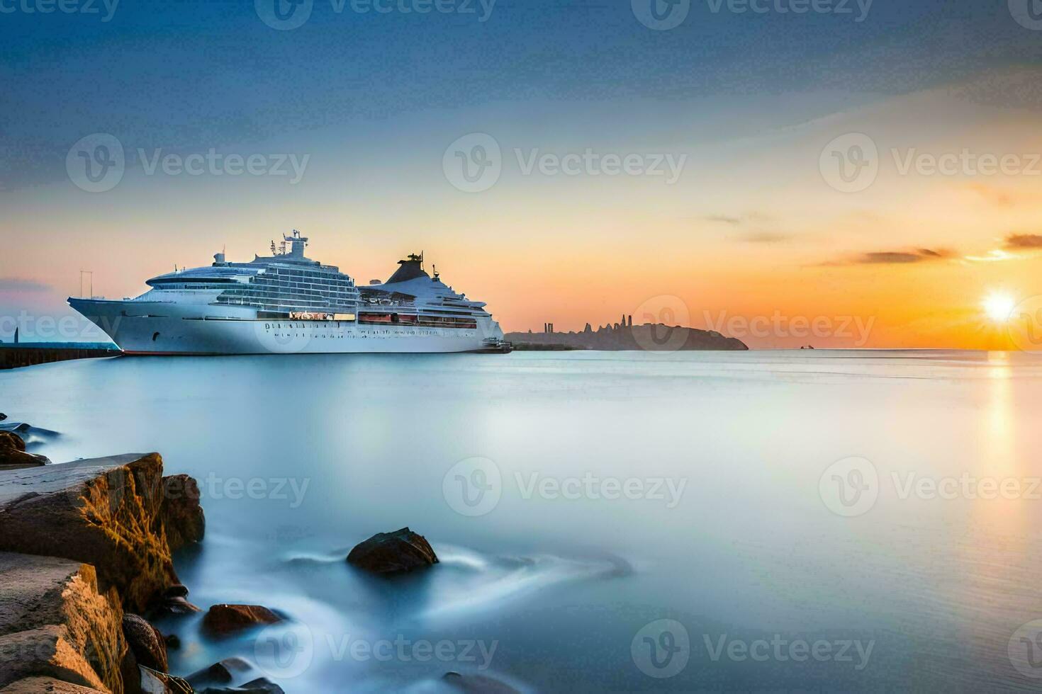 un' crociera nave nel il oceano a tramonto. ai-generato foto