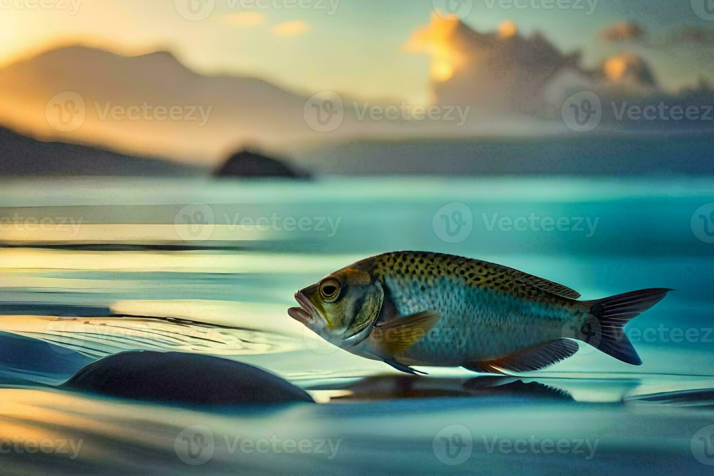 un' pesce è in piedi su il spiaggia a tramonto. ai-generato foto