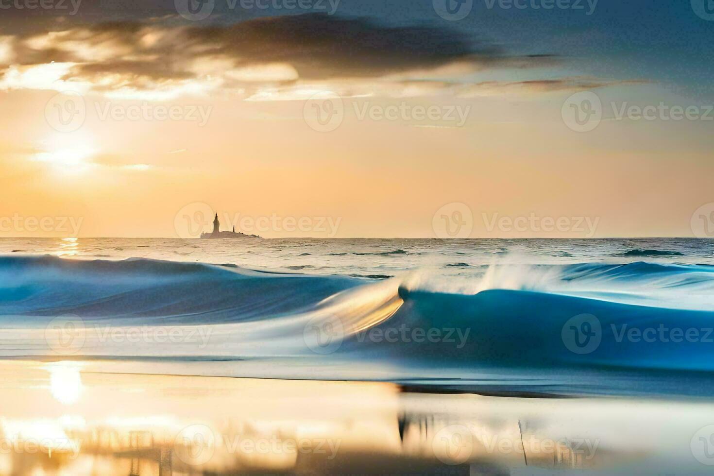 un' faro nel il distanza a tramonto. ai-generato foto