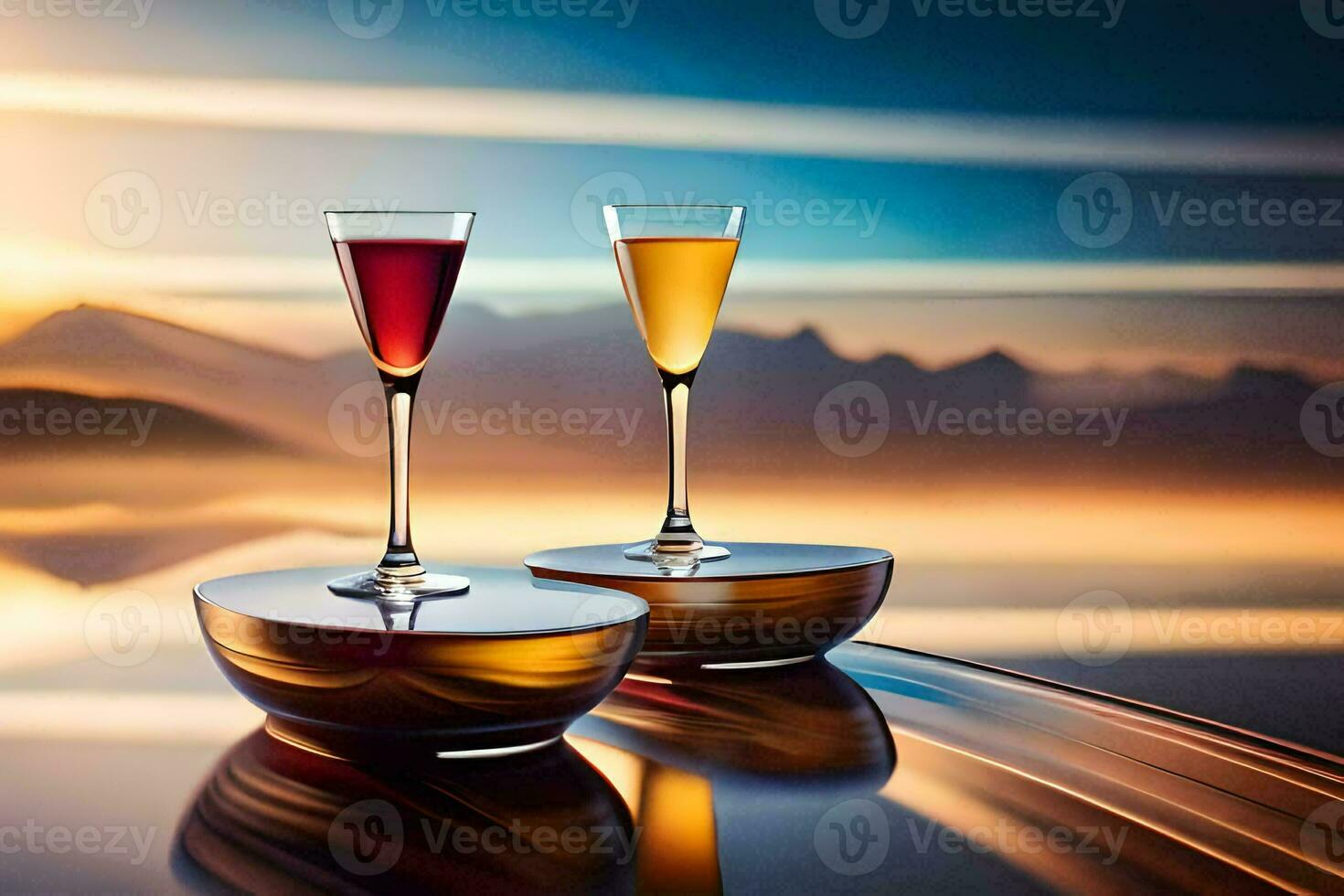 Due bicchieri di vino su un' tavolo con montagne nel il sfondo. ai-generato foto