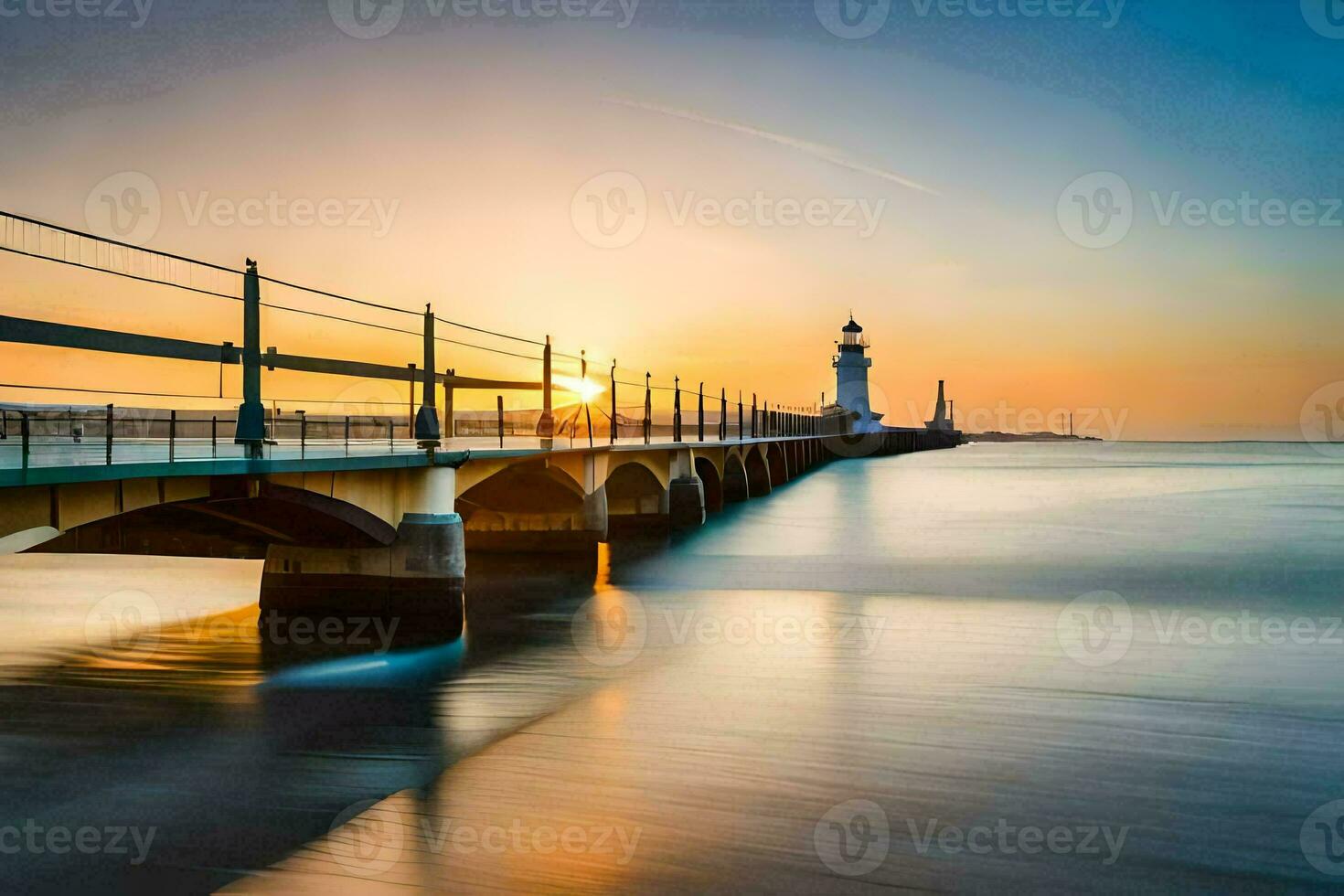 un' lungo esposizione fotografia di un' faro a tramonto. ai-generato foto