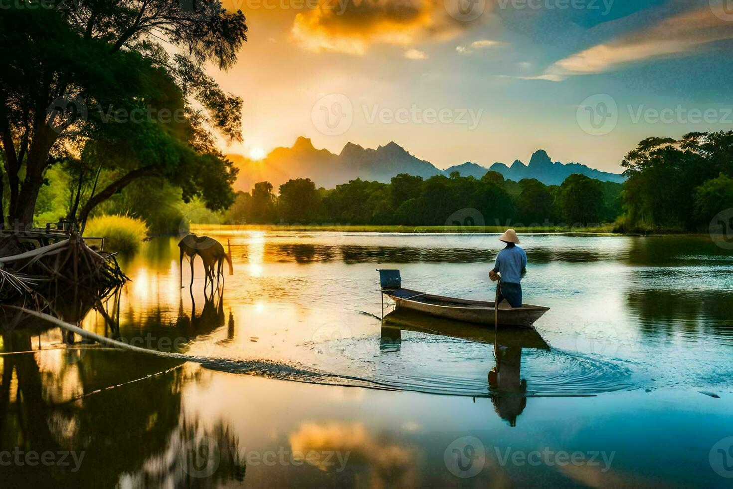 un' uomo nel un' barca su un' fiume a tramonto. ai-generato foto