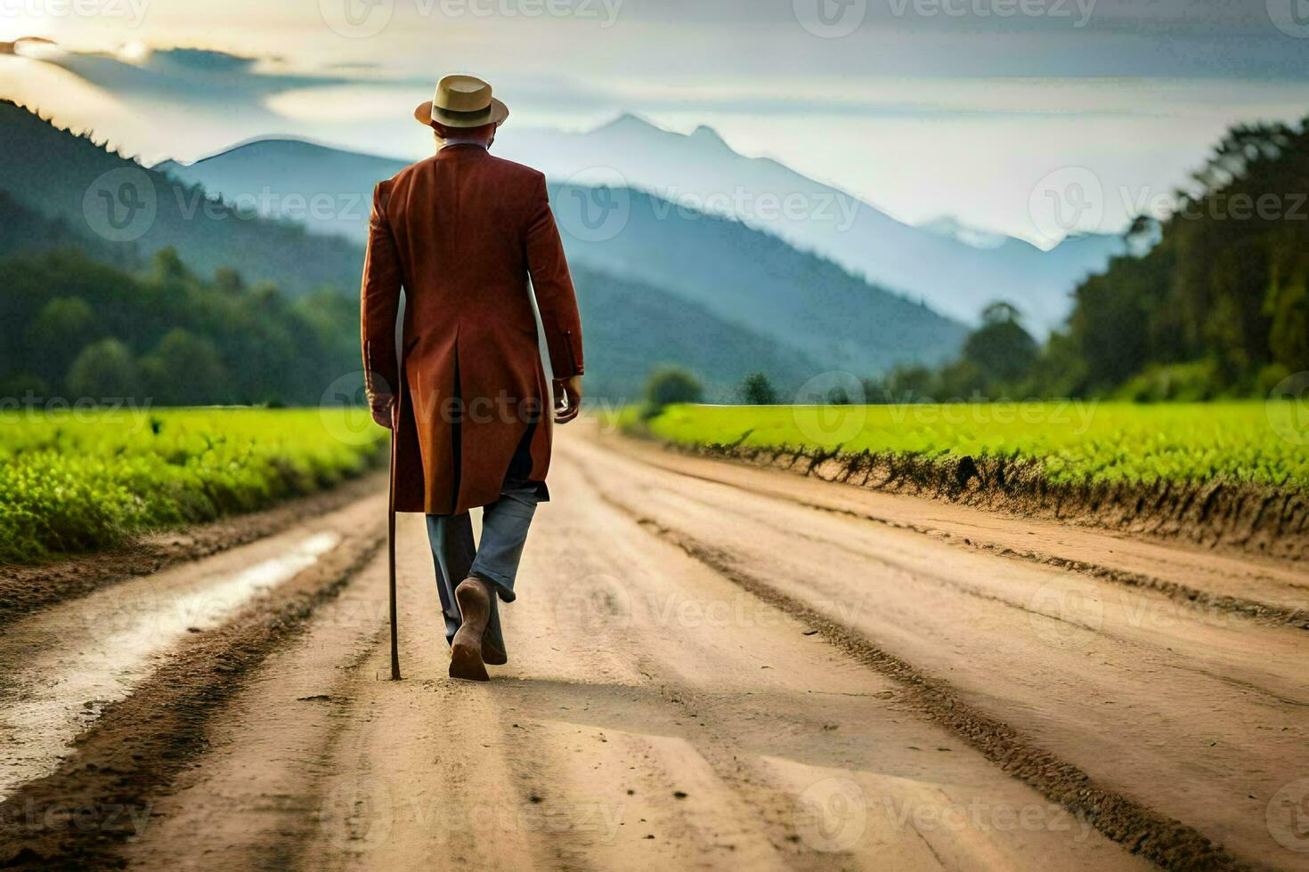 un' uomo nel un' rosso cappotto a piedi giù un' sporco strada. ai-generato foto