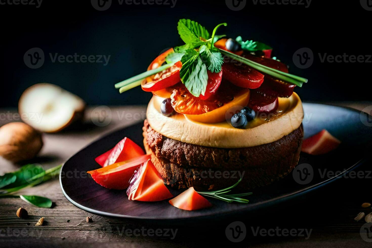 un' dolce sormontato con frutta e noccioline su un' nero piatto. ai-generato foto