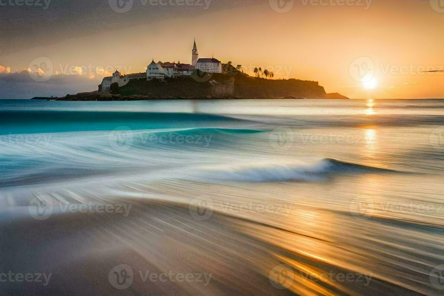 il sole imposta al di sopra di un' piccolo isola nel il oceano. ai-generato foto