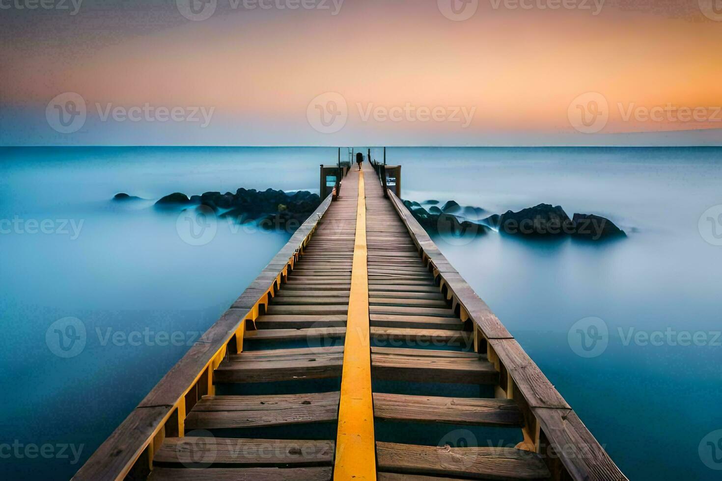 un' lungo esposizione foto di un' di legno molo nel il oceano. ai-generato