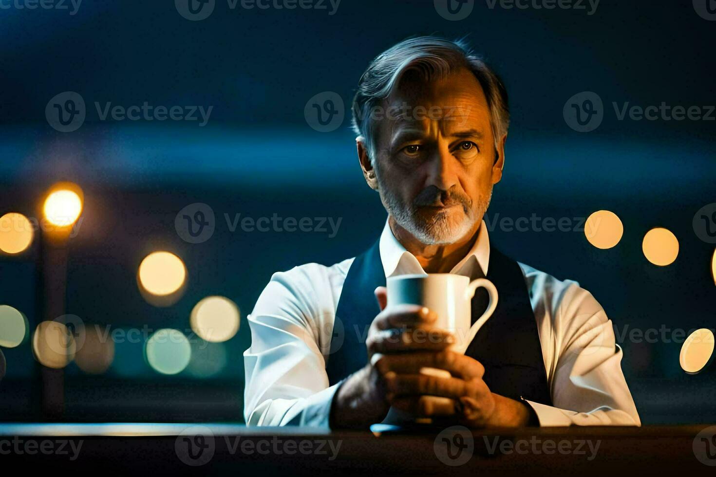 un' uomo Tenere un' caffè tazza nel davanti di un' buio sfondo. ai-generato foto