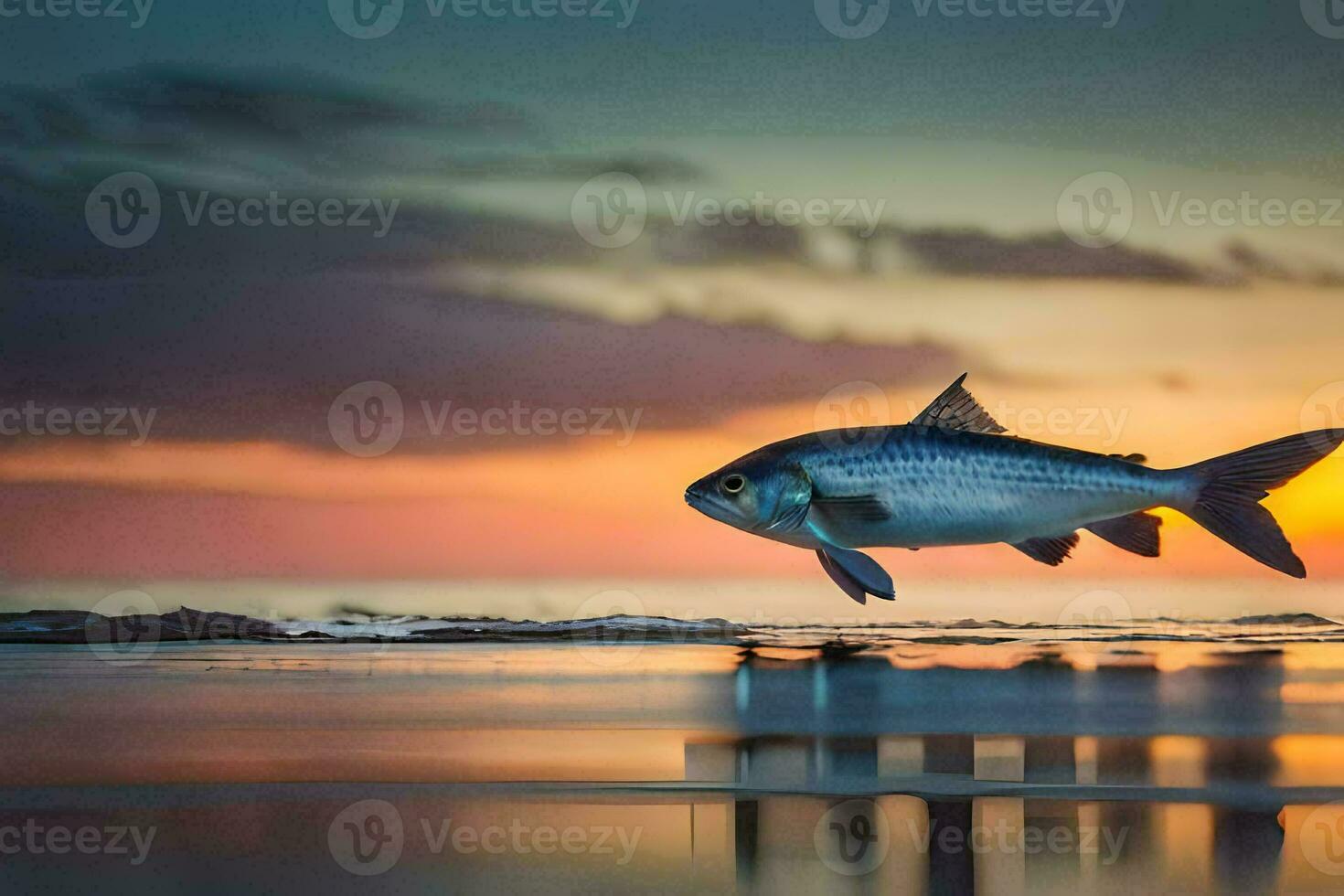 un' pesce è salto su di il acqua a tramonto. ai-generato foto