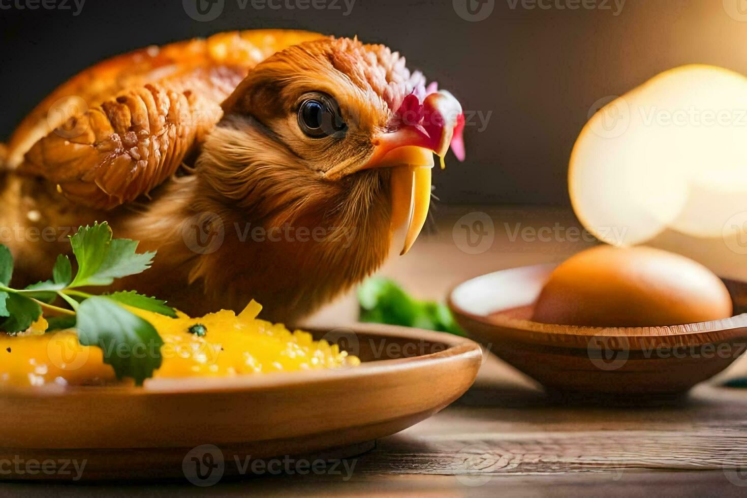 un' pollo è seduta su un' piatto con un uovo e un' ciotola di cibo. ai-generato foto