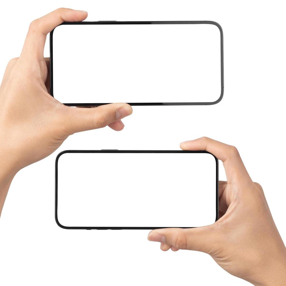 set di mani che tengono smartphone schermo vuoto mockup foto