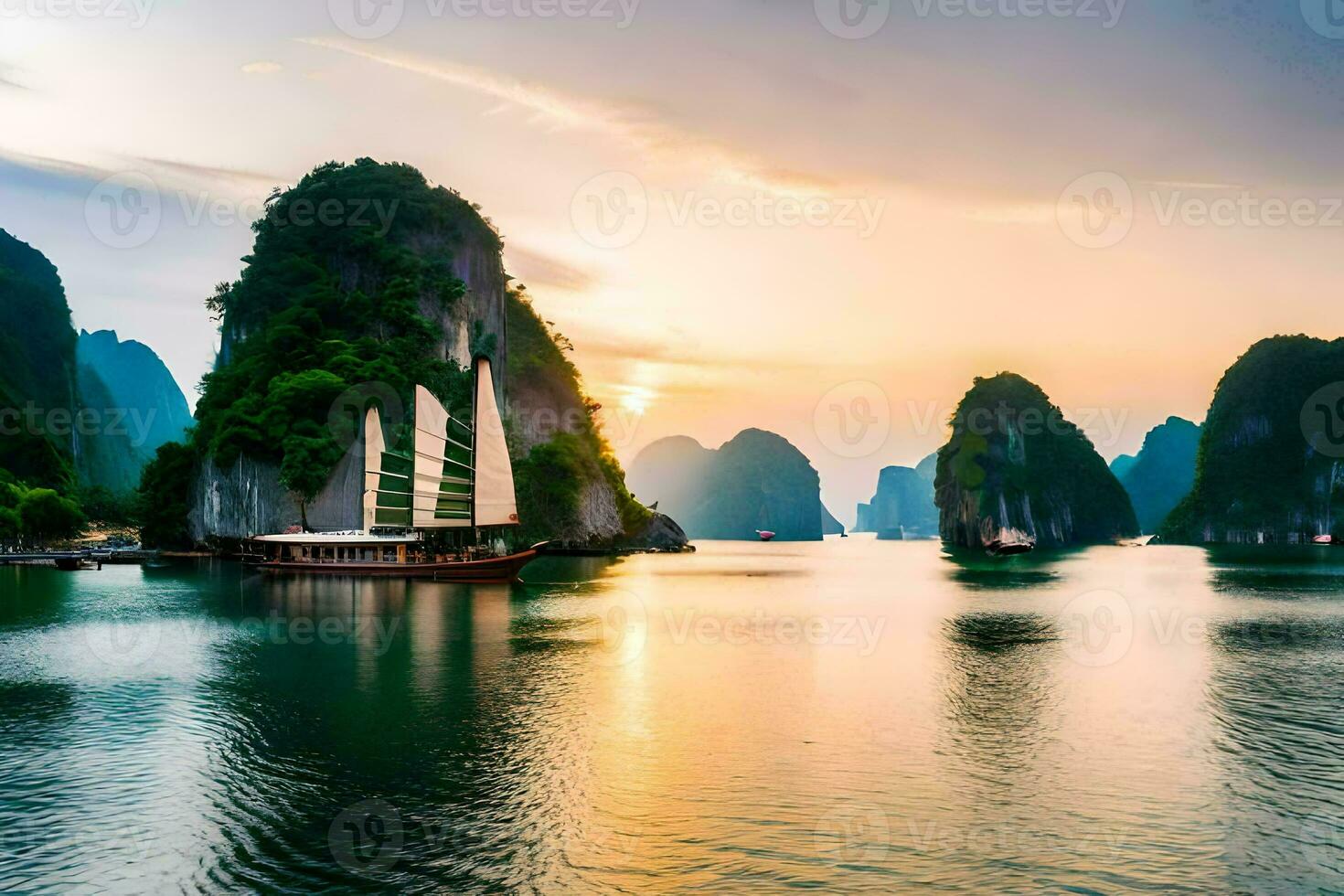 il tramonto al di sopra di halong baia. ai-generato foto