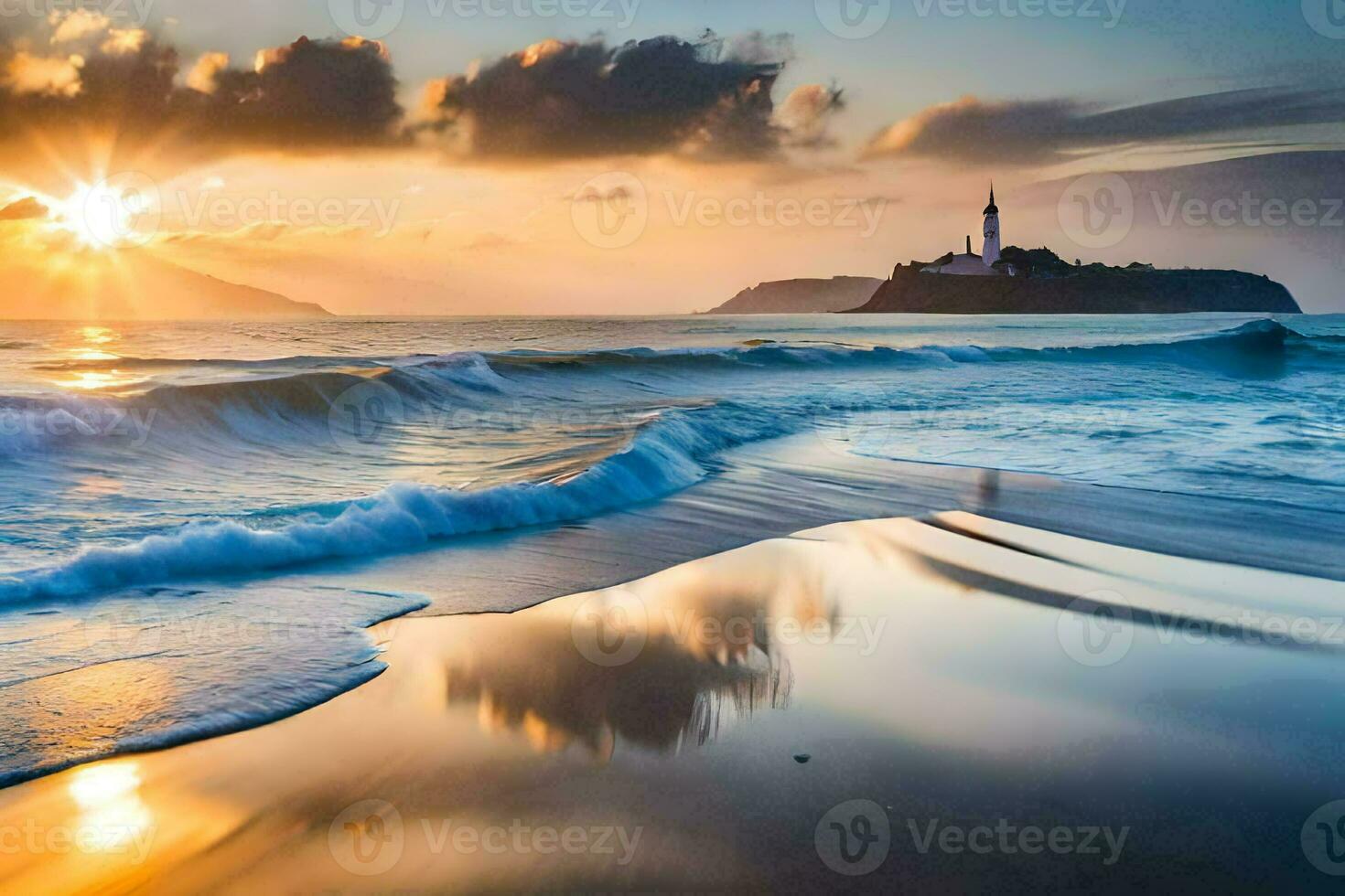 il sole sorge al di sopra di il oceano e onde. ai-generato foto