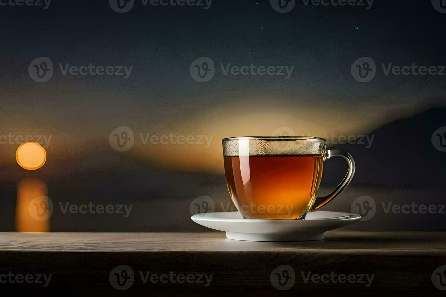 un' tazza di tè si siede su un' tavolo con un' Visualizza di il oceano. ai-generato foto