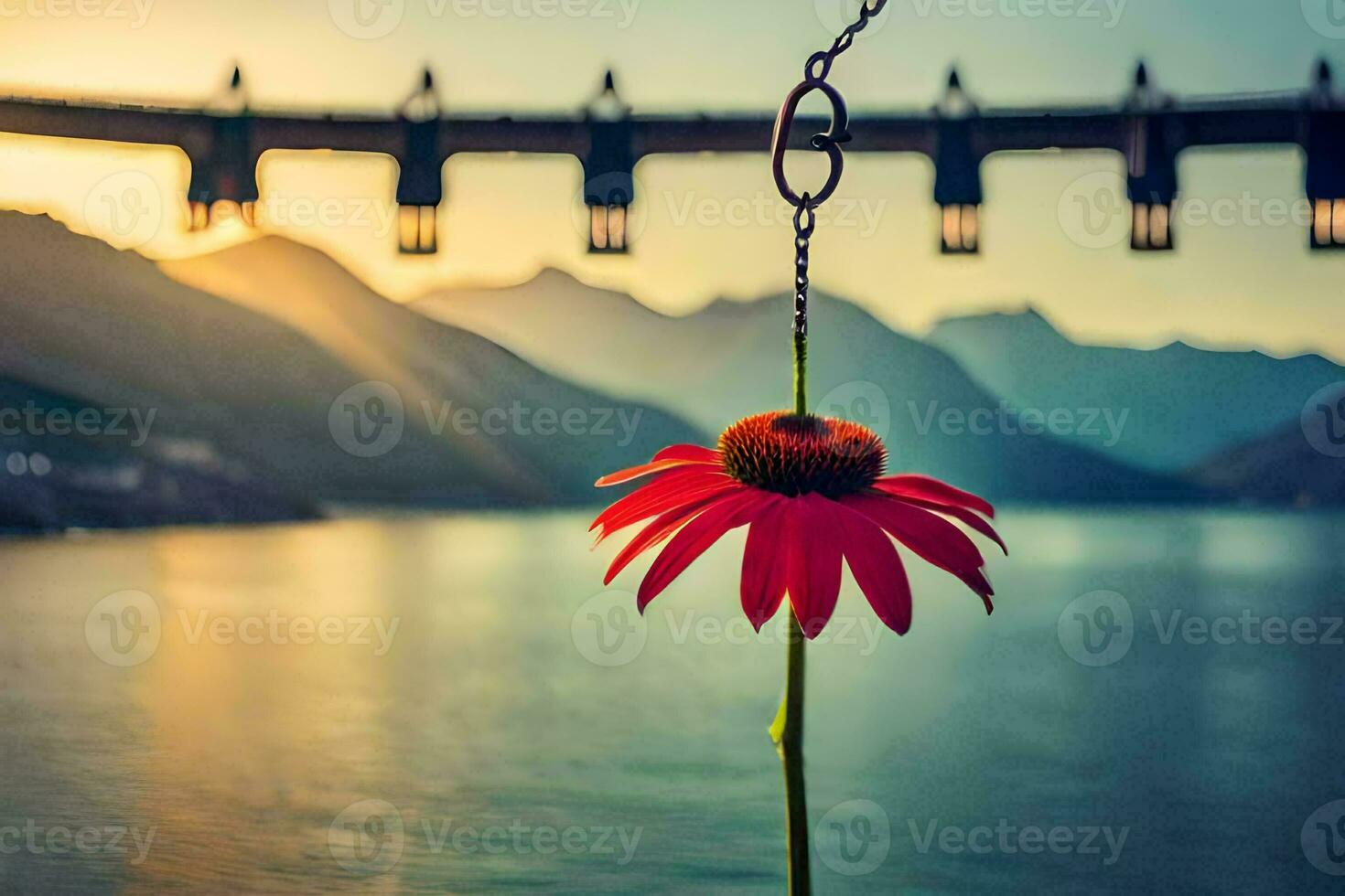 un' rosso fiore sospeso a partire dal un' catena nel davanti di un' ponte. ai-generato foto