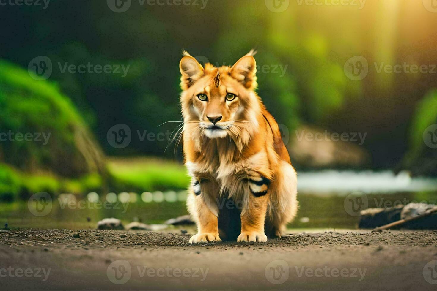 un' Leone seduta su il terra vicino un' fiume. ai-generato foto