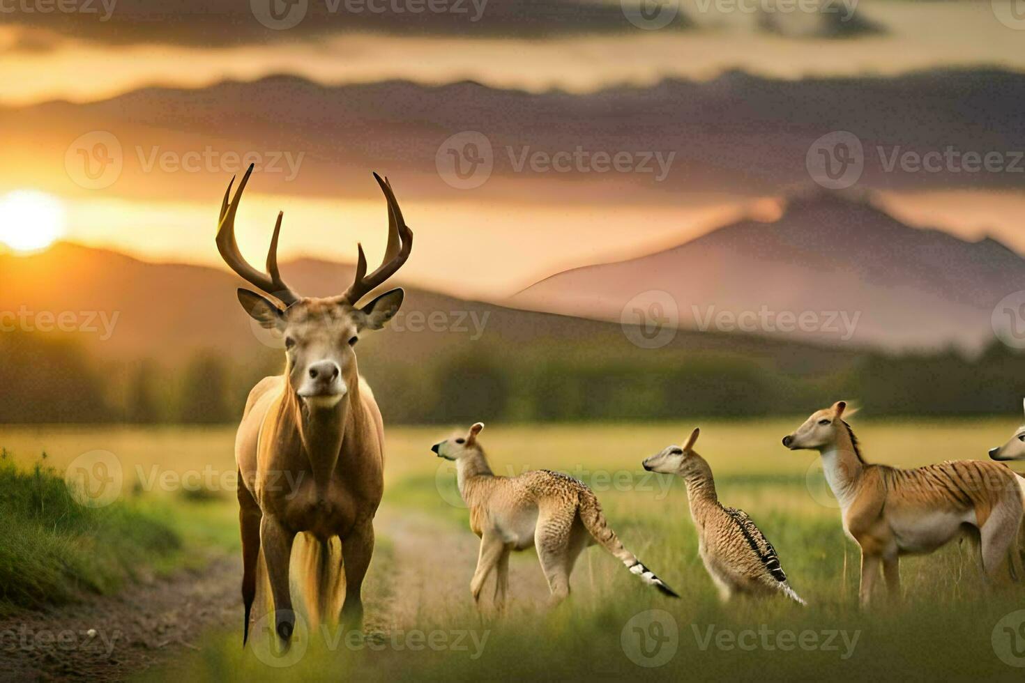 un' gruppo di cervo siamo in piedi nel un' campo a tramonto. ai-generato foto