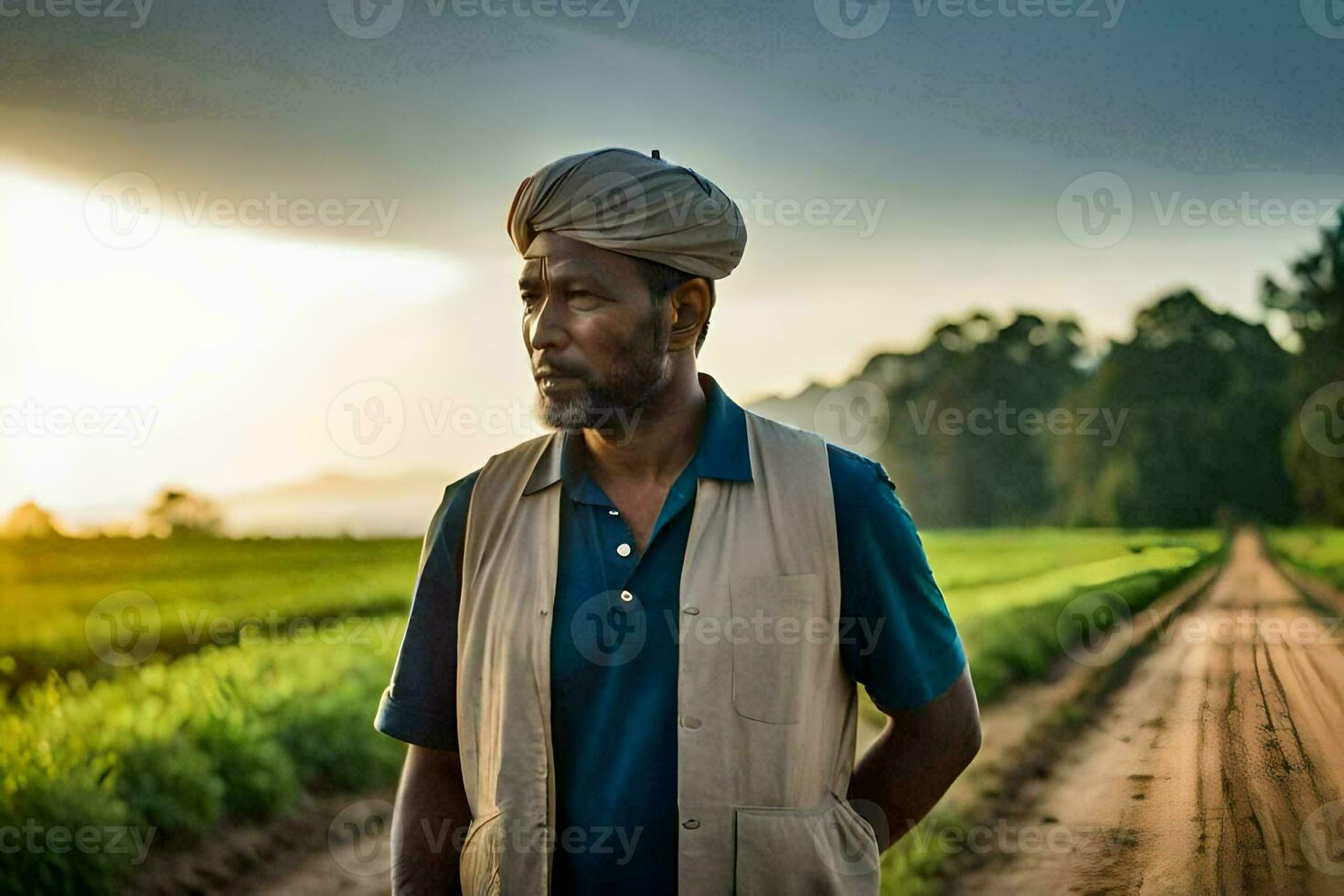 un' uomo in piedi nel un' campo con un' tramonto nel il sfondo. ai-generato foto