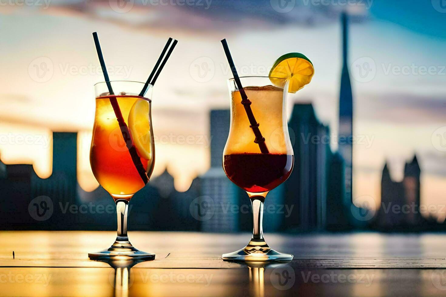 Due bicchieri di cocktail con un' tramonto nel il sfondo. ai-generato foto