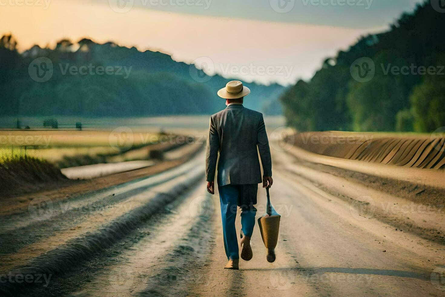 un' uomo nel un' completo da uomo e cappello a piedi giù un' sporco strada. ai-generato foto