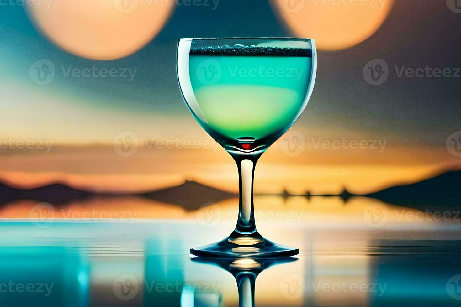 un' bicchiere di vino con un' tramonto nel il sfondo. ai-generato foto